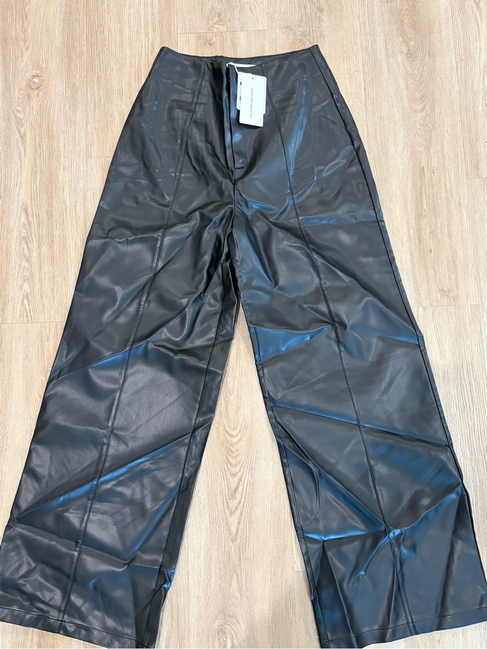 Commense Black Faux Leather Wide-Leg Pants
